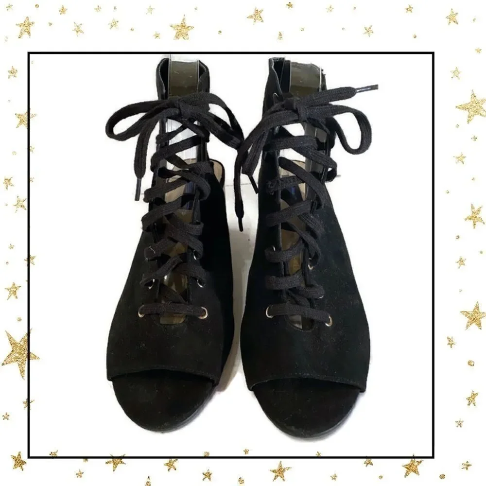 Forever 21 Black Suede Lace Up Peep Toe Wedges 8